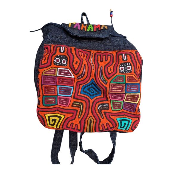Panama KUNA MOLA Colorful Two Frogs Folk Art Hand Sewn Denim backpack Boho Artsy - Picture 7 of 8